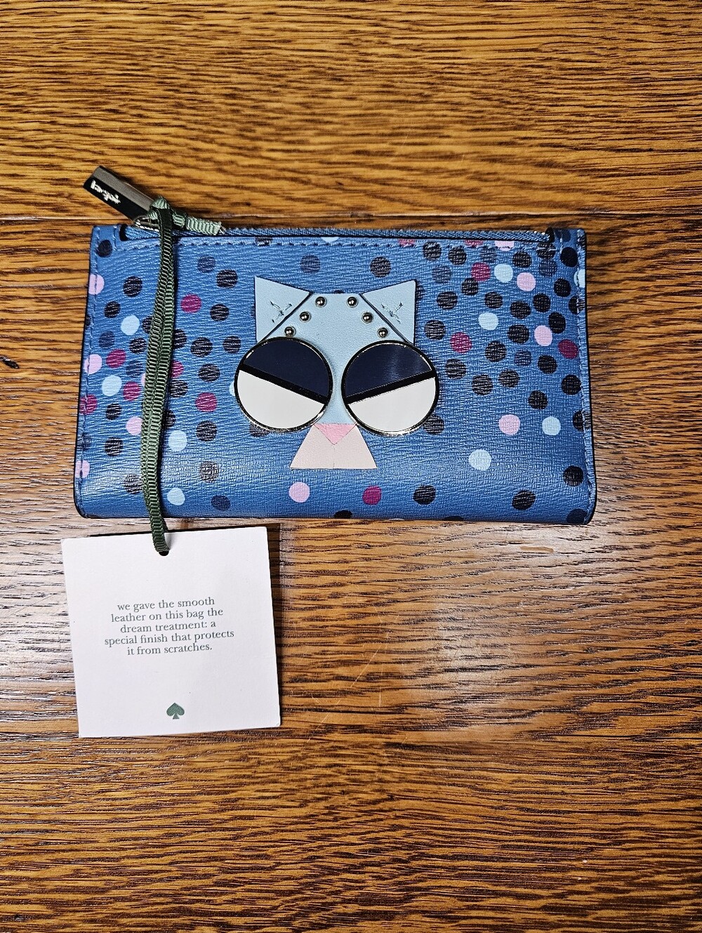 Kate Spade Spademals "Smitten Kitten" Blue Polka Dot Card Holder Wallet